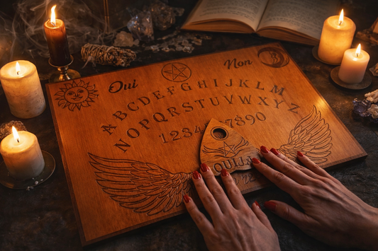 Planche Ouija artisanale en bois sur autel ésotérique
