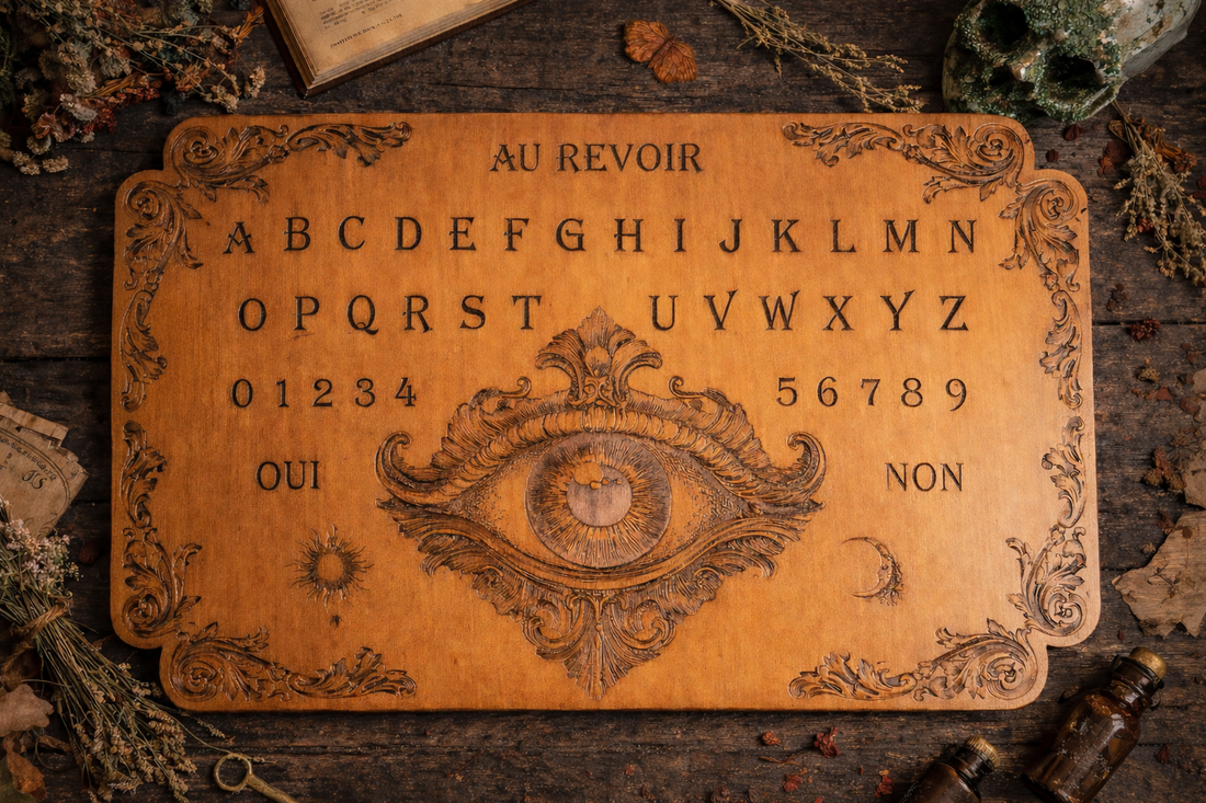 Ouija board artisanale en bois ambiance spiritisme