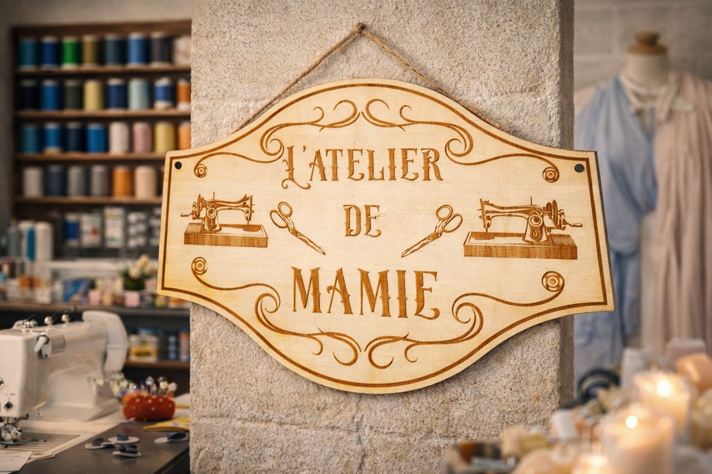 Pancarte atelier couture bois – L’Atelier de Mamie personnalisé