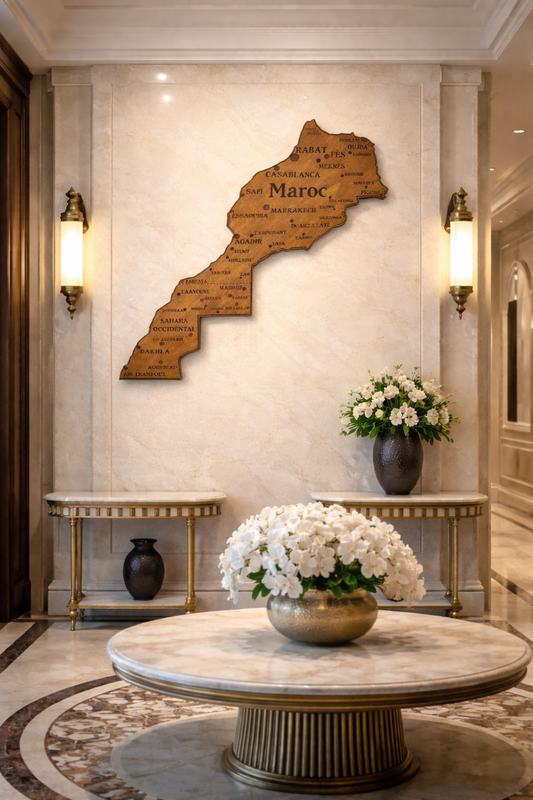 Carte du Maroc en bois gravé décoration murale artisanale avec villes
