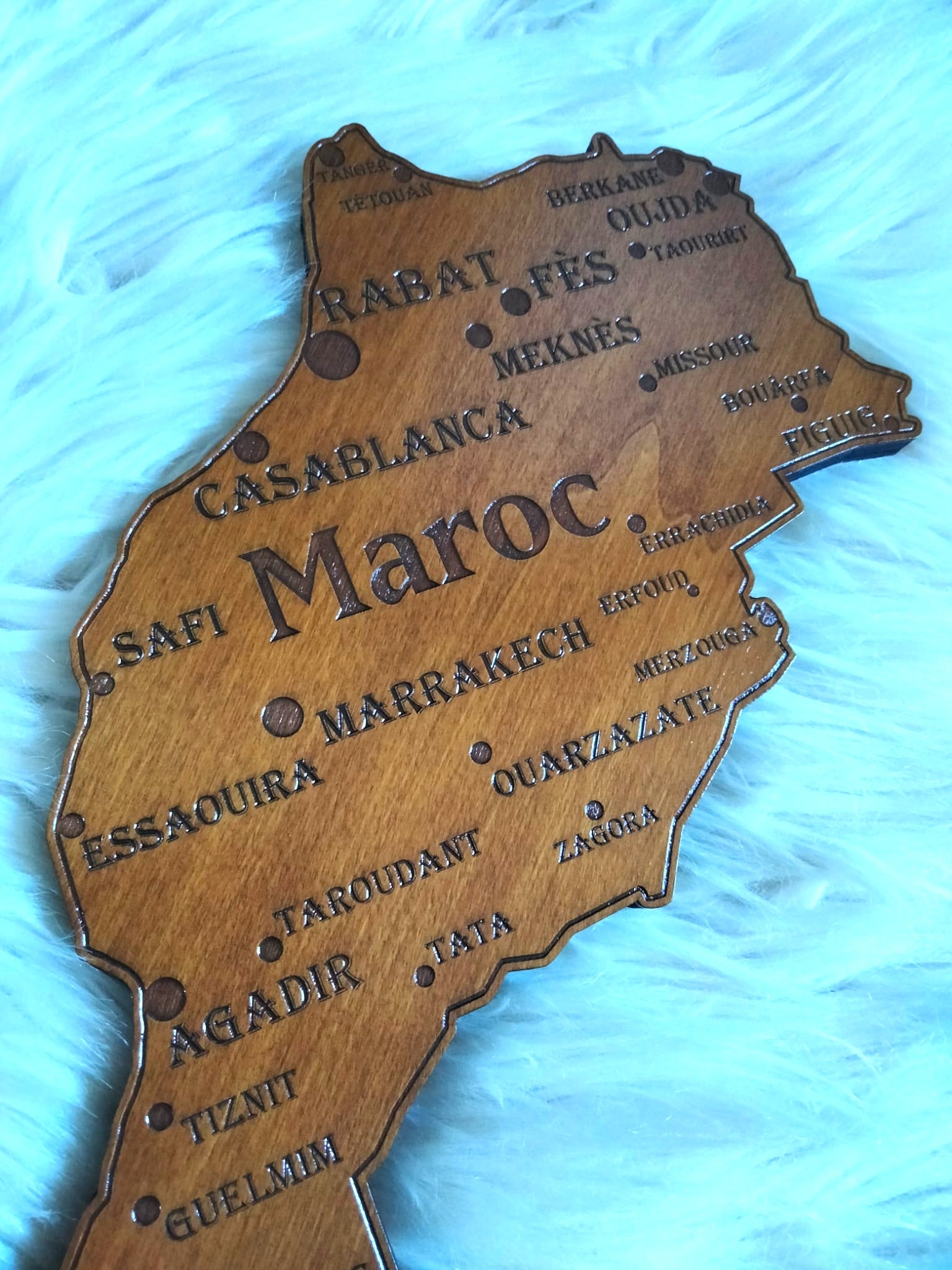 Wooden Morocco map wall art engraved cities wood decor