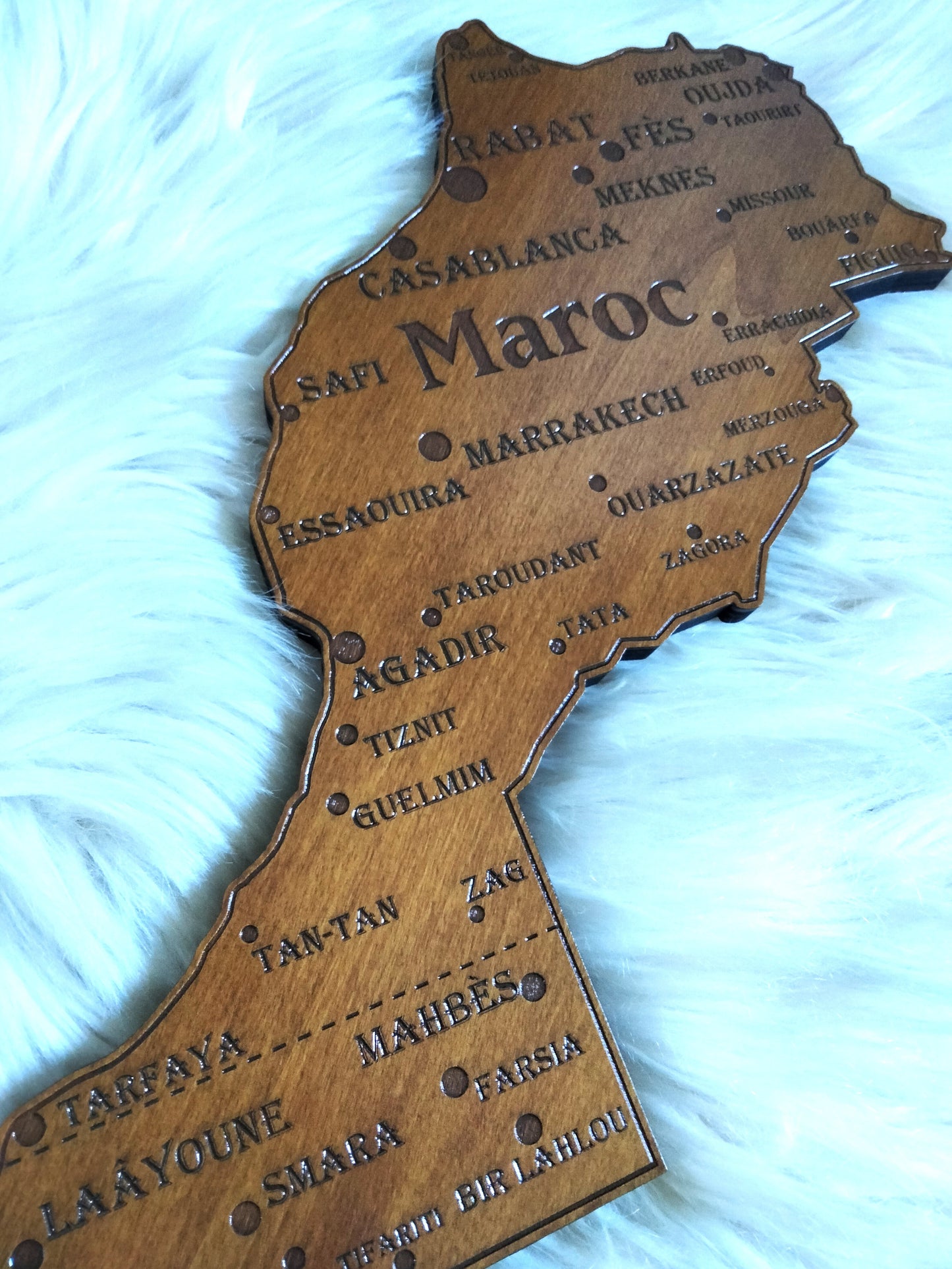 Carte du Maroc bois gravé décoration voyage souvenir Maroc