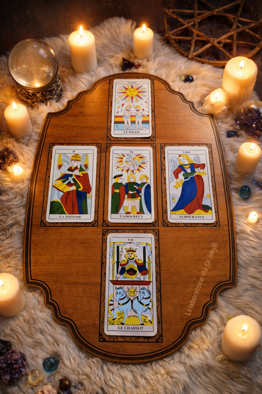 Planche cartomancie tirage 5 cartes bois gravé