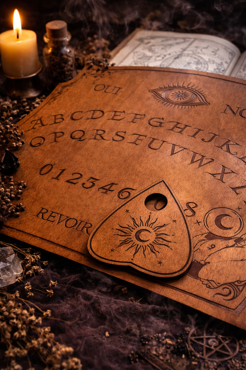 Planchette spiritisme en bois gravé, objet artisanal pour séance ouija, ambiance witchy avec bougie, herbes et accessoires mystiques