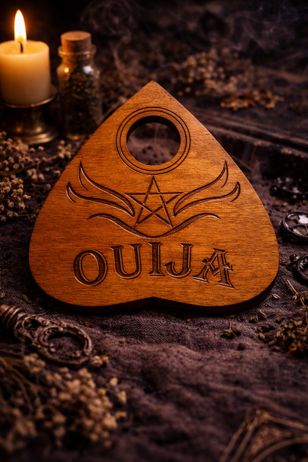 Planchette ouija décorative en bois, gravure fine artisanale, accessoire ésotérique idéal pour décoration gothique ou pratique spirituelle