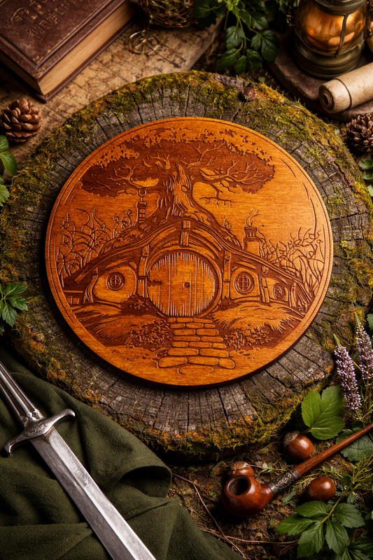 Plaque en bois gravée maison de hobbit style Seigneur des Anneaux, décoration murale artisanale ronde 19 cm, univers fantasy et Terre du Milieu