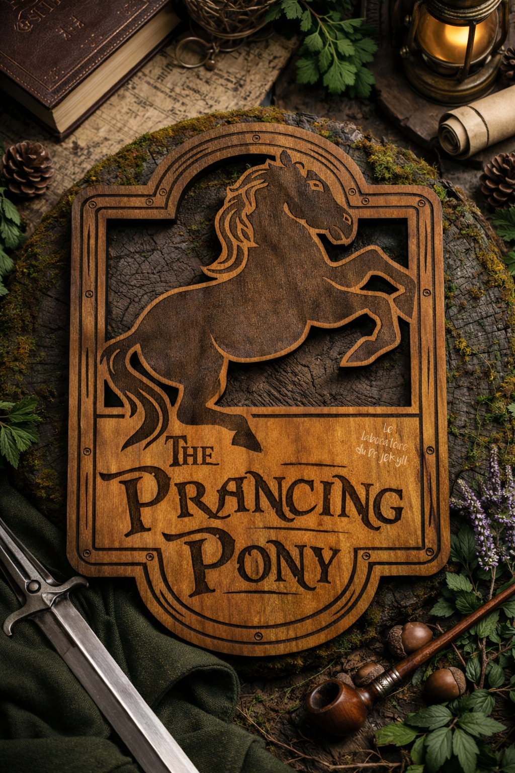 Plaque en bois Prancing Pony gravée, décoration murale Seigneur des Anneaux, enseigne fantasy artisanale 33x23 cm
