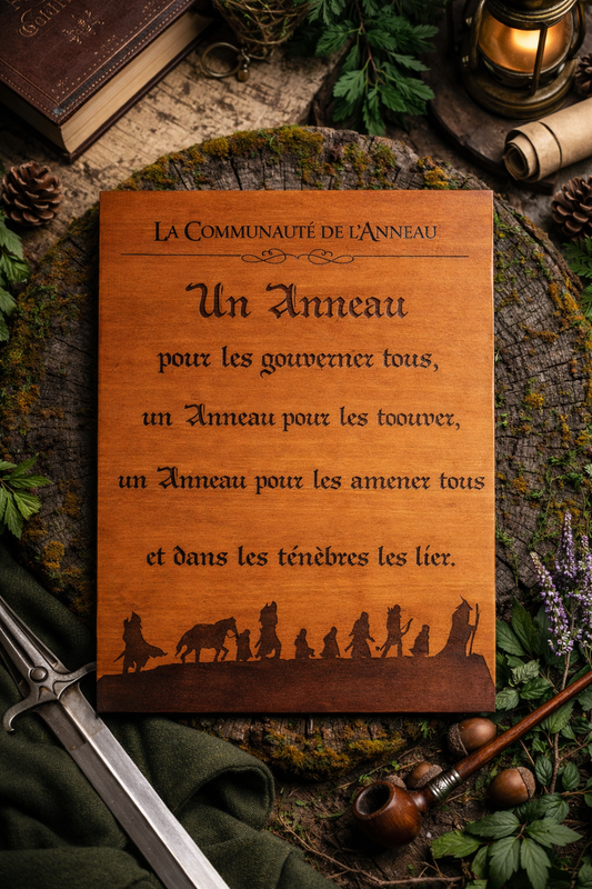 Décoration murale en bois gravé citation Un Anneau pour les gouverner tous, style Seigneur des Anneaux, plaque artisanale 28x20 cm
