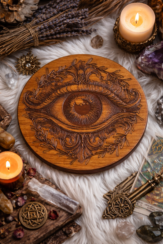 Plaque murale œil mystique en bois gravé 19 cm, décoration spirituelle artisanale française, symbole œil divin style ésotérique, épaisseur 5 mm