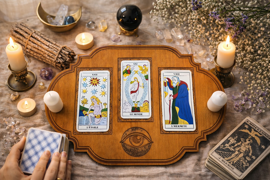 Planche cartomancie tirage 3 cartes bois gravé